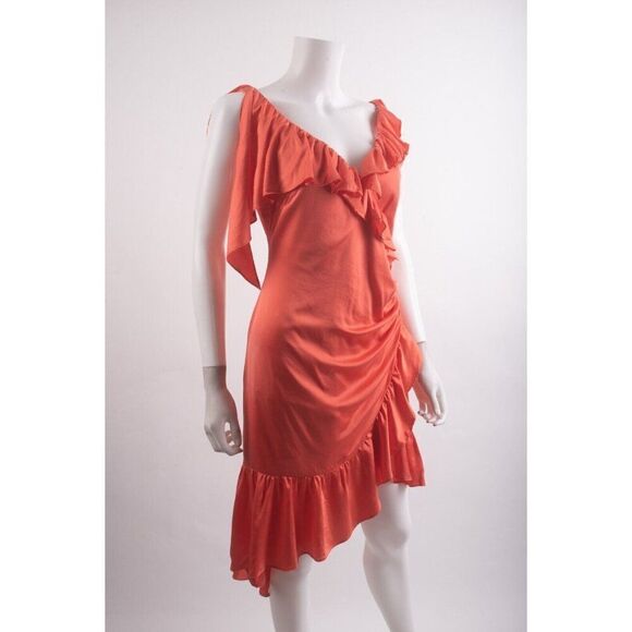 Cinq a Sept Womens Petunya Ruffled Wrap Dress Size 4 Orange Neon Coral - Picture 3 of 7